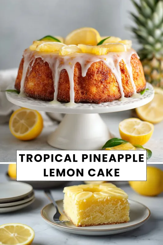Tropical pineapple lemon cake with creamy glaze and fresh lemon slices, served on a cake stand