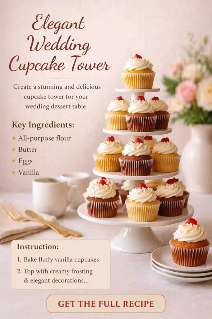 elegant wedding cupcake tower with vanilla frosting and cherries on tiered stand