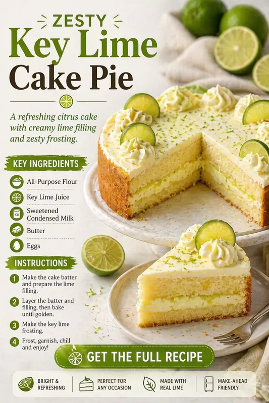 Zesty Key Lime Cake Pie – Fresh & Creamy Citrus Dessert zesty key lime cake pie with creamy layers lime slices and frosting on top