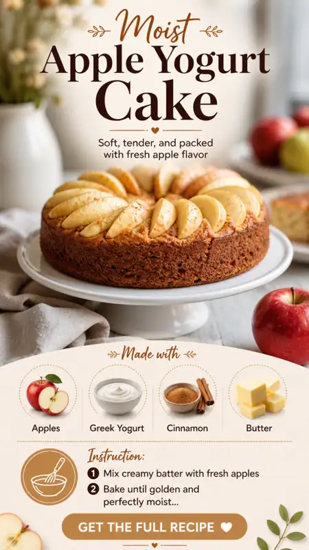 moist apple yogurt cake with sliced apples on top and soft texture