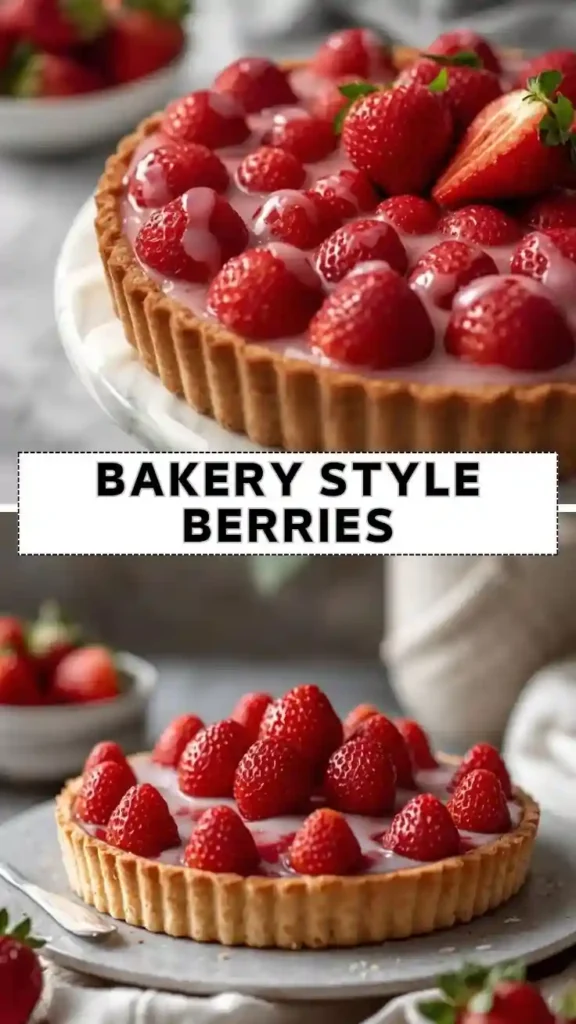 Bakery style berry tart topped with fresh strawberries and glossy berry glaze