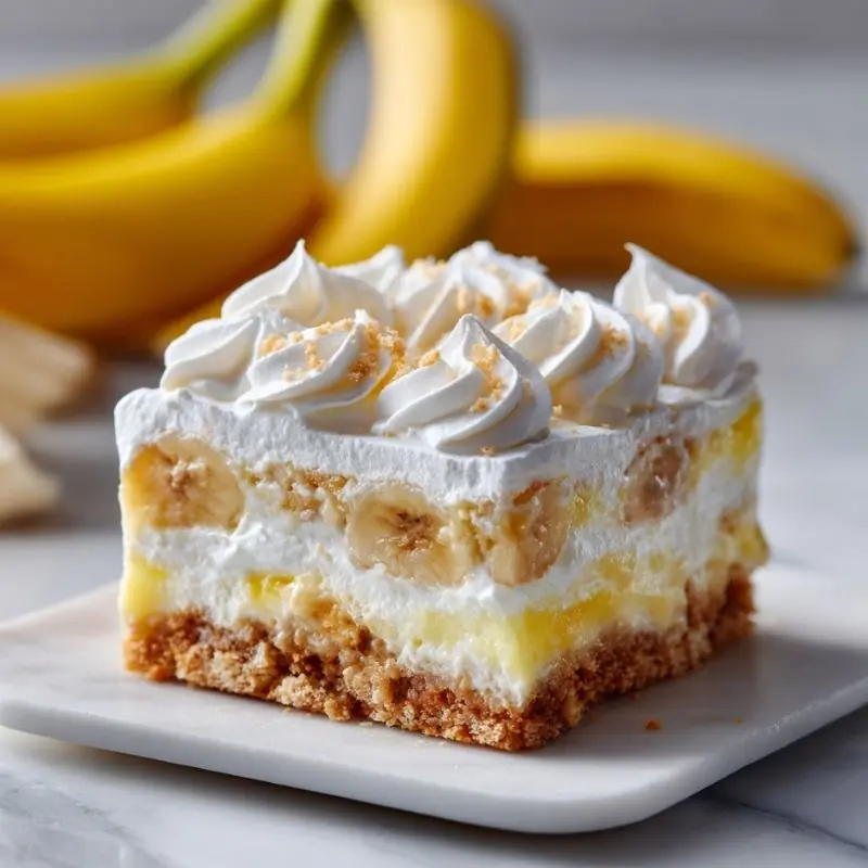 Banana Cream Dessert Square with Whipped Topping banana cream dessert square with whipped topping and graham crust