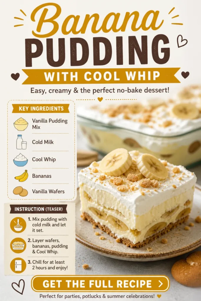Banana Pudding with Cool Whip (Easy No-Bake Dessert) banana pudding dessert with cool whip layers, vanilla wafers, and fresh banana slices