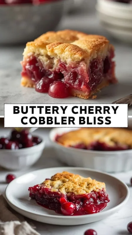 Buttery cherry cobbler bliss with juicy baked cherries and golden flaky crust served on a dessert plate
