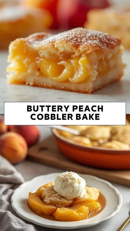 Buttery peach cobbler bake with soft cake layers, juicy peaches, and vanilla ice cream