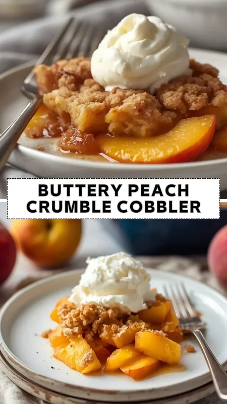 Buttery peach crumble cobbler topped with whipped cream and fresh peach slices on a dessert plate