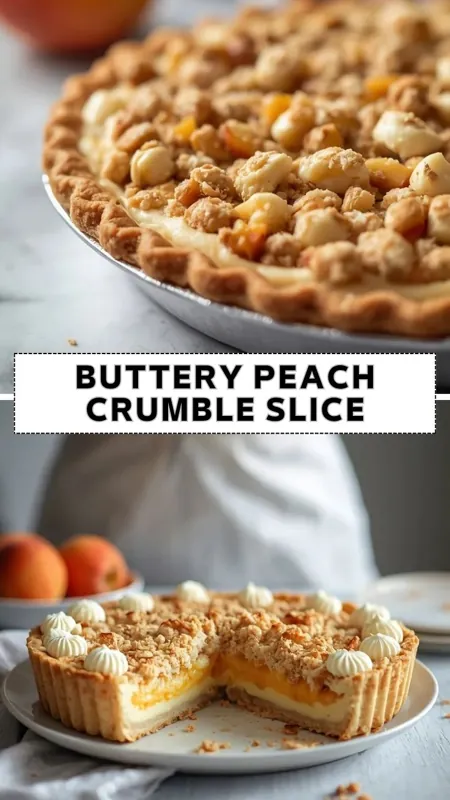 Buttery peach crumble tart with creamy filling, peach layer, and crumb topping served on a dessert plate
