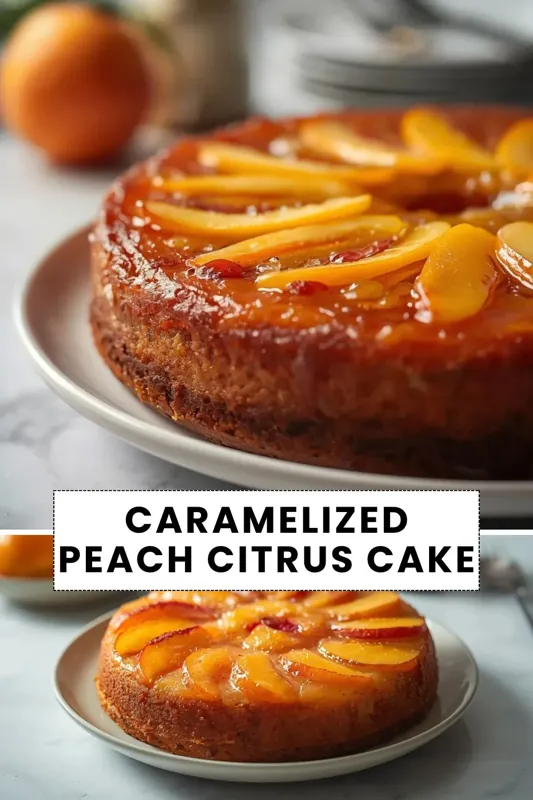 Caramelized peach citrus cake topped with glazed peach slices and citrus-infused caramel glaze on a dessert plate