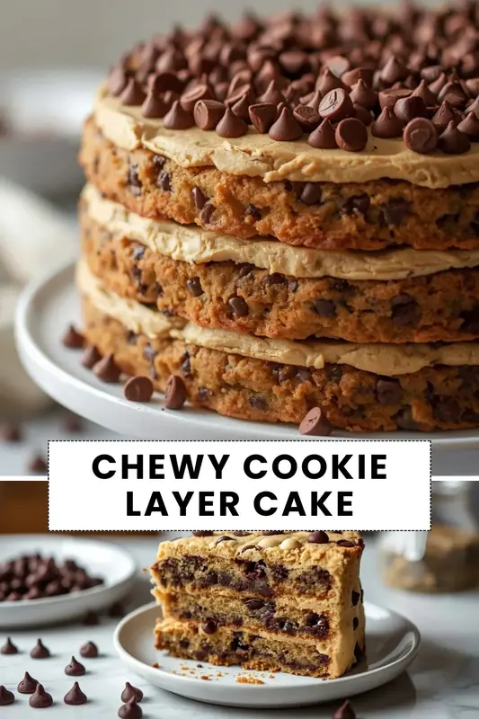 Chewy chocolate chip cookie layer cake with creamy frosting and mini chocolate chips