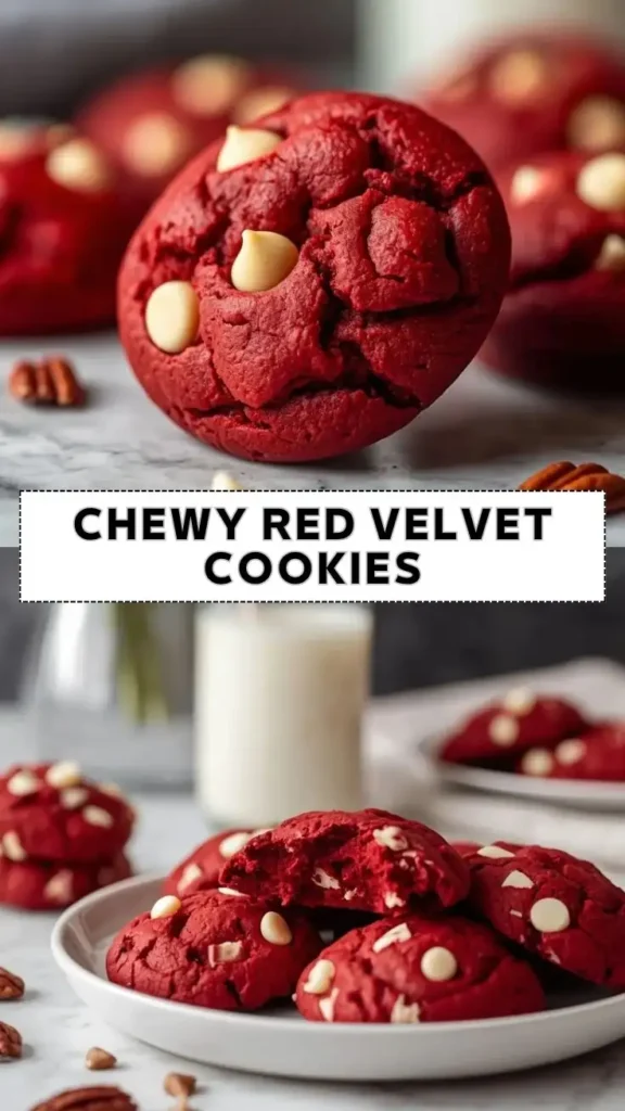 Chewy red velvet cookies with white chocolate chips and soft bakery-style texture