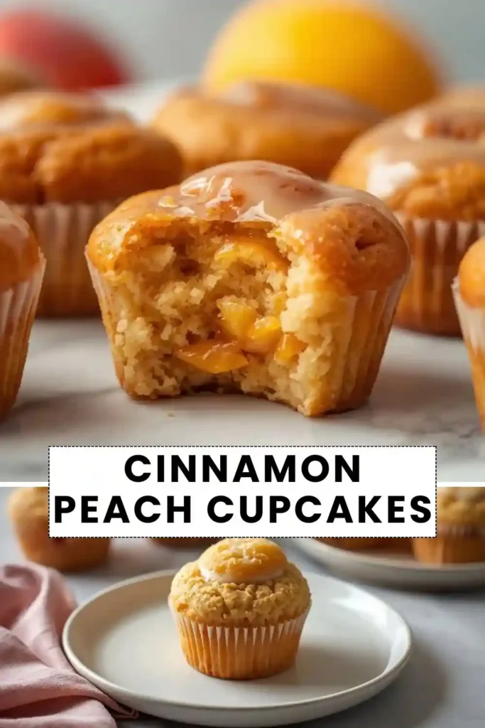 Cinnamon peach cupcakes with peach filling and sweet glaze topping
