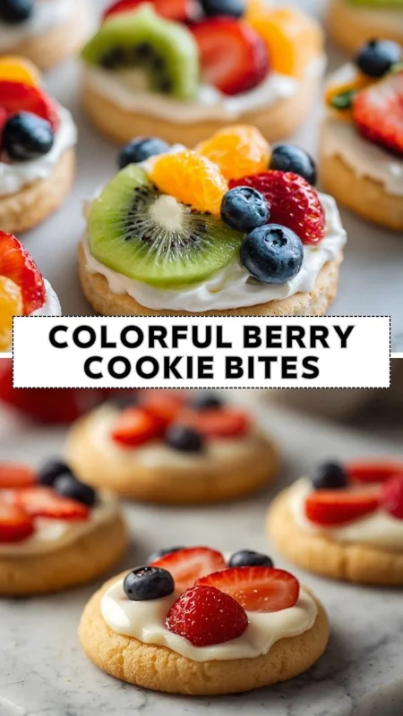 Colorful Berry Cookie Bites Easy Fruit Dessert Colorful berry cookie bites topped with cream frosting, kiwi, strawberries, blueberries, and orange slices
