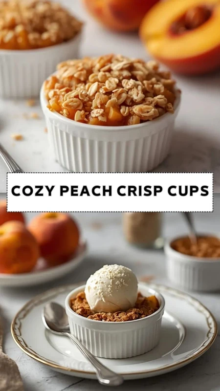 Cozy peach crisp cups topped with oat crumble and vanilla ice cream served in ramekins