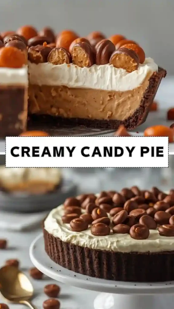 Creamy Candy Pie Dessert Recipe Creamy candy pie with chocolate crust, whipped topping, and chocolate candies