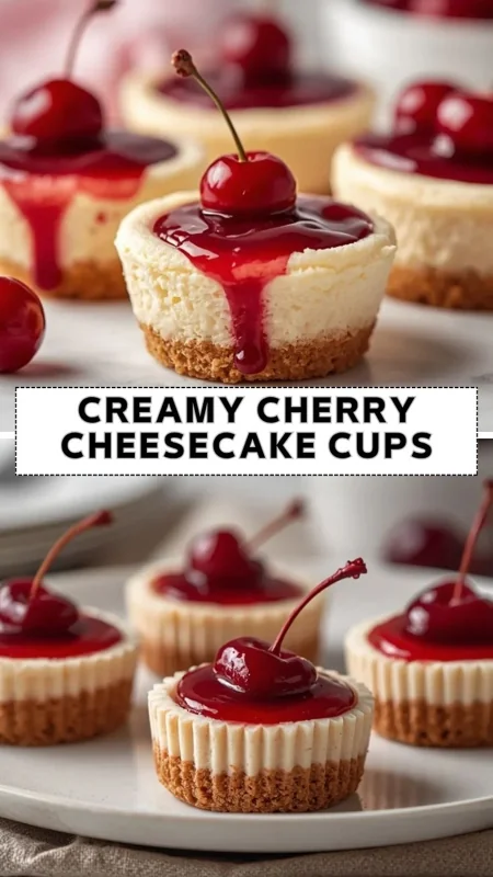 Creamy cherry cheesecake cups with graham cracker crust, cherry topping, and mini cheesecake bites