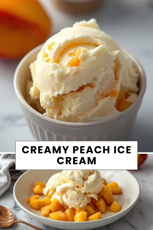 Creamy peach ice cream scoops served with fresh diced peaches in white dessert bowls