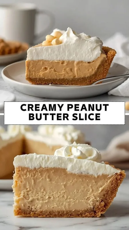 Creamy peanut butter slice pie with whipped topping and graham cracker crust
