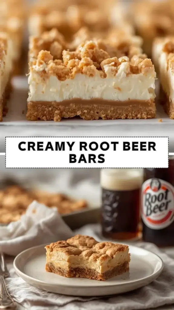 Creamy root beer bars with a buttery crust, rich filling, and crunchy cookie topping
