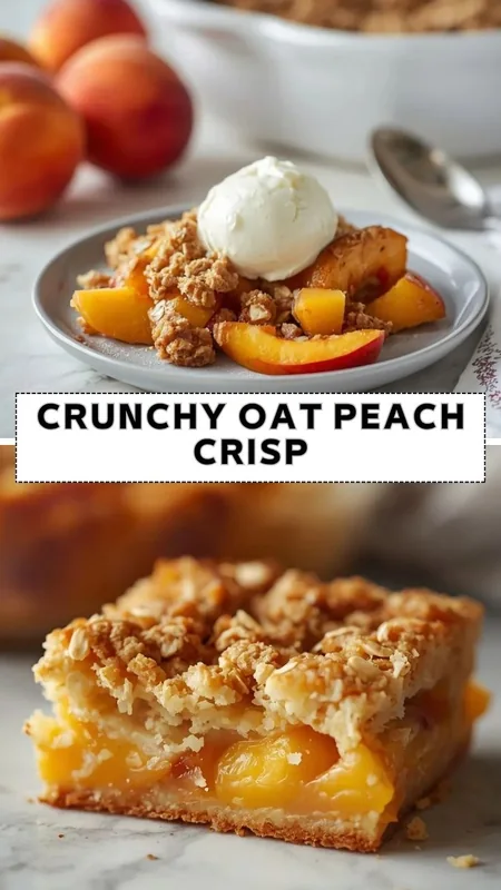 Crunchy Oat Peach Crisp Recipe Crunchy oat peach crisp topped with vanilla ice cream and baked peach filling