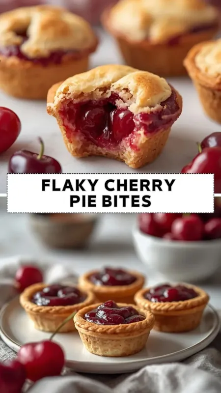 Flaky cherry pie bites with sweet cherry filling baked in mini pastry crusts and served on a dessert plate