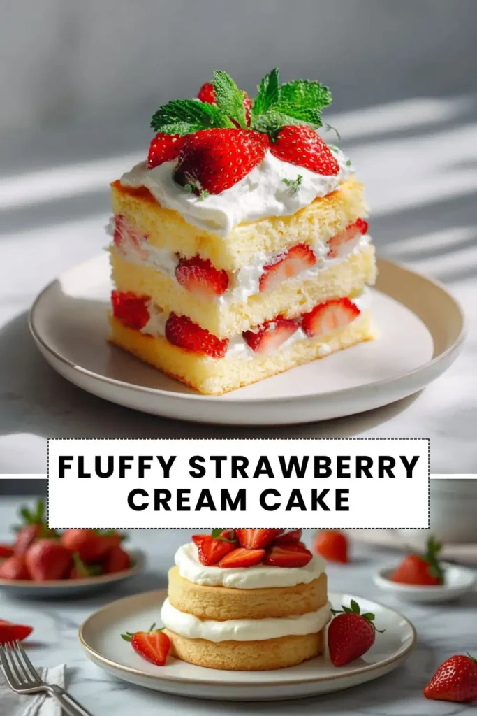 Fluffy Strawberry Cream Cake with Fresh Strawberries Fluffy strawberry cream cake with layers of sponge, whipped cream, and fresh strawberries