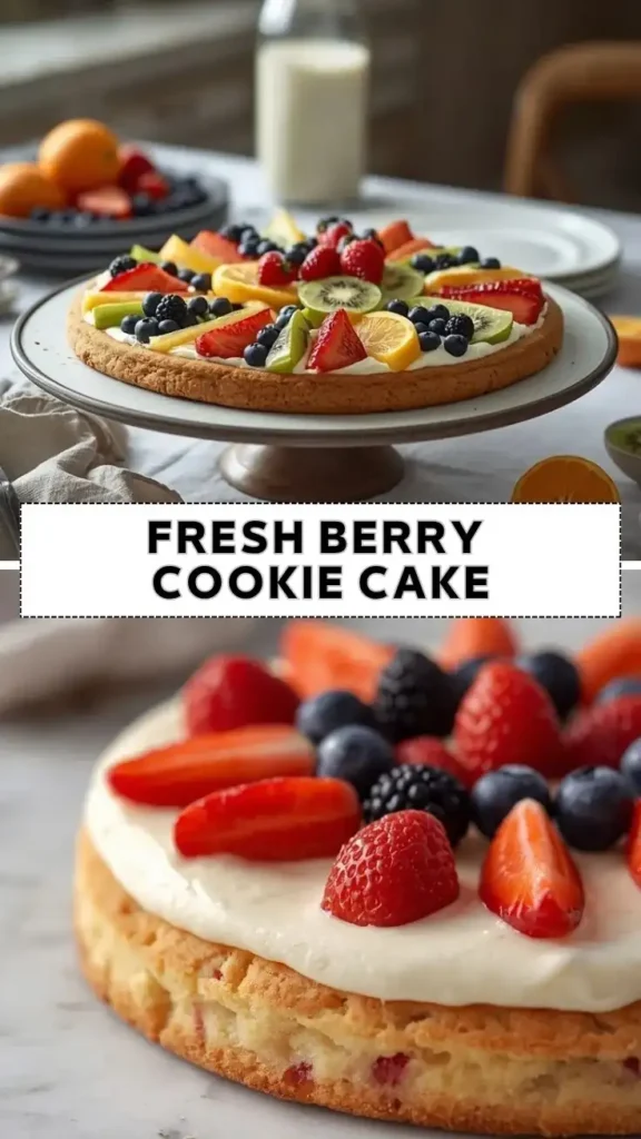 Fresh berry cookie cake topped with strawberries, blueberries, blackberries, kiwi slices, and creamy frosting
