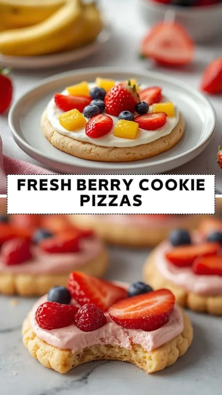 Fresh berry cookie pizzas topped with strawberries blueberries and creamy frosting
