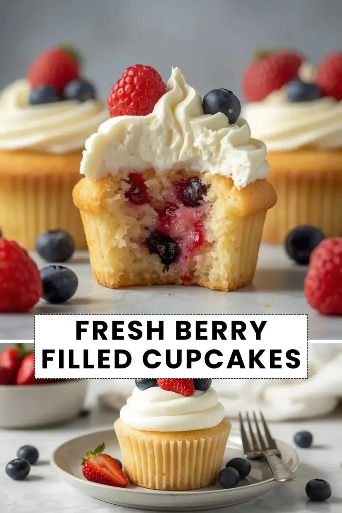 Easy Fresh Berry Filled Cupcakes Recipe Fresh berry filled cupcakes with vanilla frosting, raspberries, blueberries, and strawberry filling