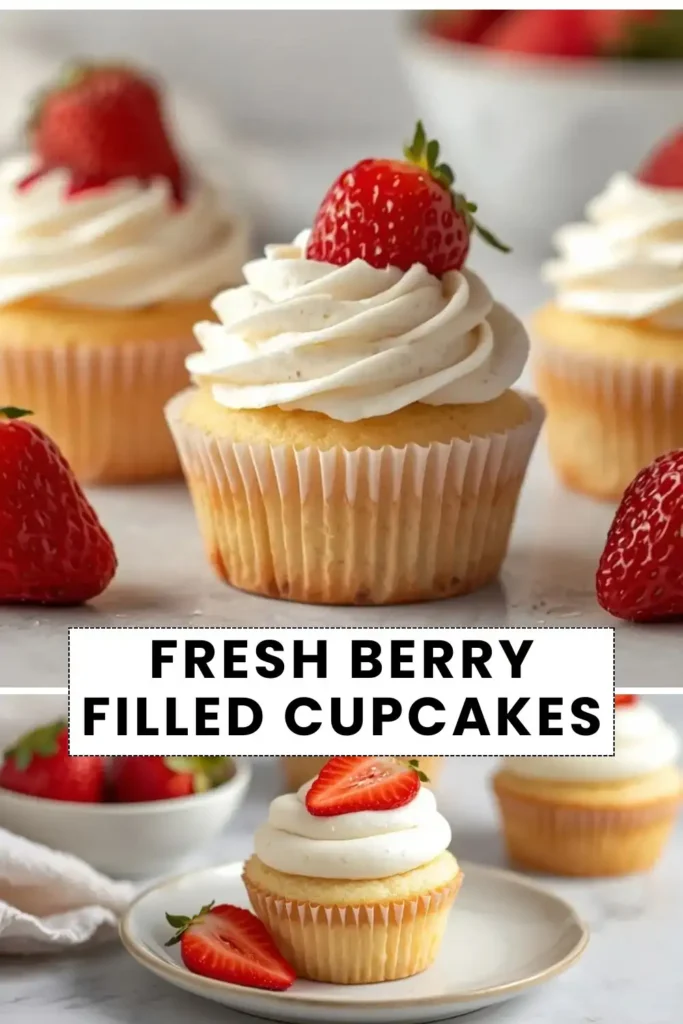 Fresh berry filled cupcakes topped with vanilla frosting and juicy strawberries