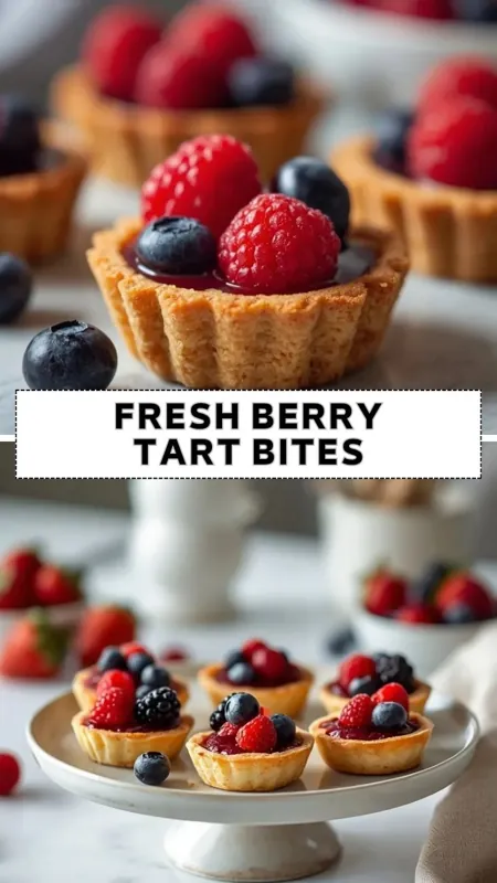 Fresh berry tart bites with raspberries, blueberries, and berry filling in mini buttery tart shells
