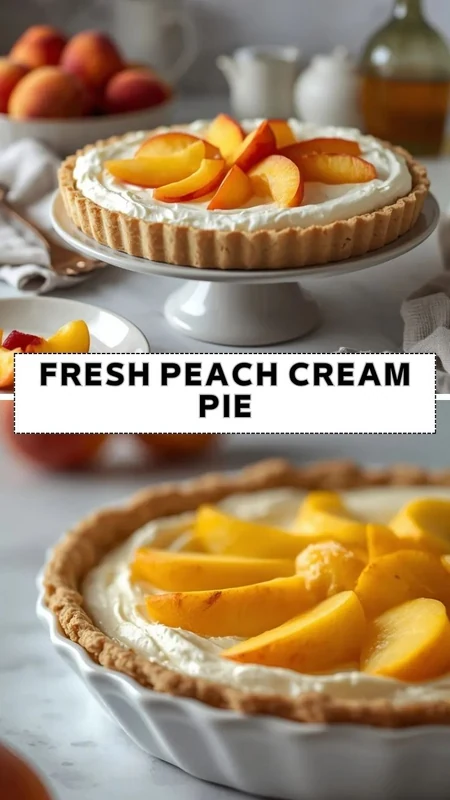 Fresh peach cream pie topped with sliced peaches and fluffy cream filling in a flaky crust