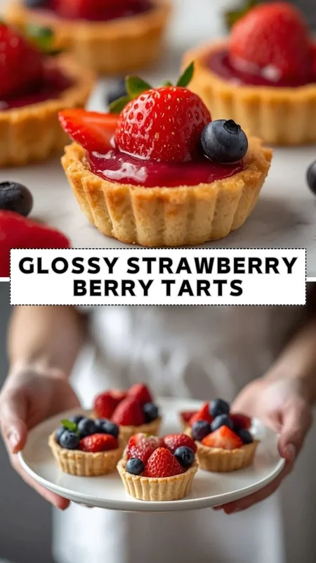 Glossy strawberry berry tarts topped with fresh strawberries, blueberries, and sweet berry glaze