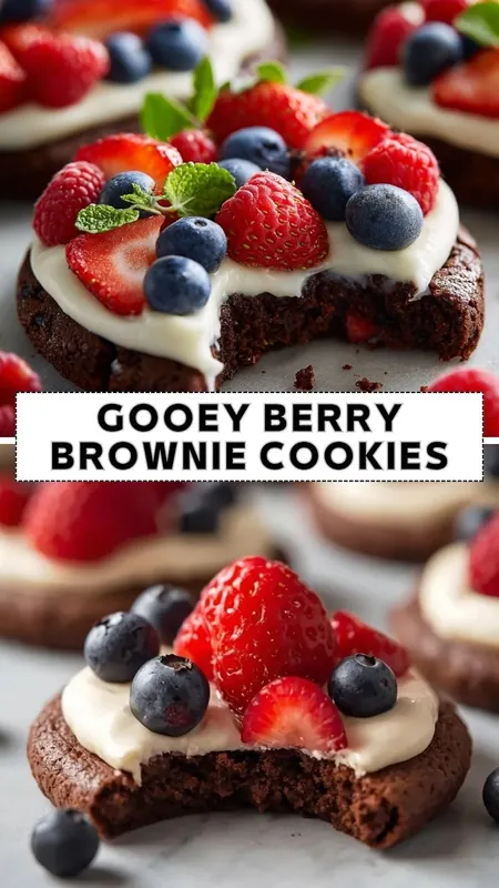 Gooey berry brownie cookies topped with cream frosting, strawberries, raspberries, and blueberries