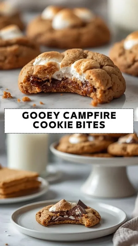 Gooey campfire cookie bites filled with melted chocolate and toasted marshmallows on a dessert plate