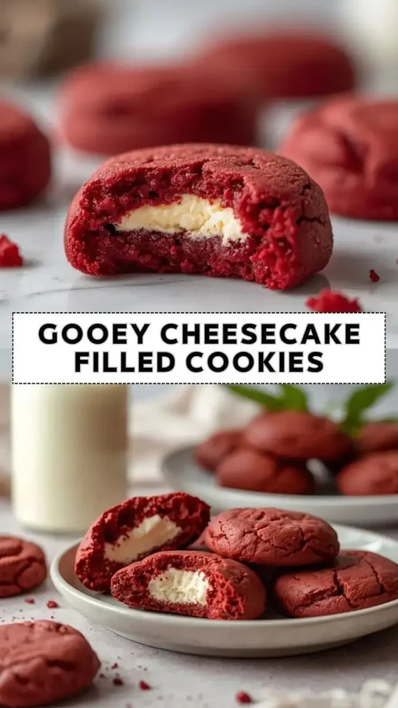 Easy Gooey Cheesecake Filled Cookies Recipe Gooey cheesecake filled cookies with soft red velvet cookie dough and creamy cheesecake center