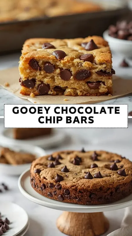Gooey chocolate chip bars with melted chocolate chips and soft chewy cookie texture