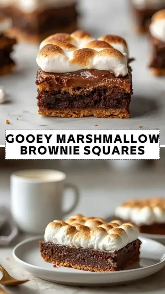 Gooey marshmallow brownie squares with rich chocolate layers, toasted marshmallows, and a buttery graham crust
