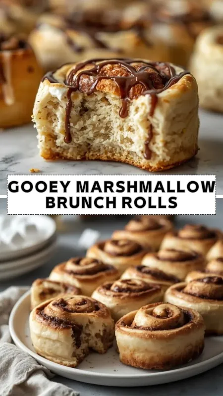 Gooey Marshmallow Brunch Rolls – Easy Sweet Breakfast Treat Gooey marshmallow brunch rolls topped with icing and chocolate drizzle, served warm on a plate