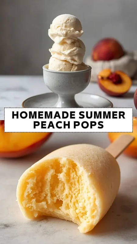 Homemade Summer Peach Pops – Easy Frozen Peach Treat Homemade summer peach pops with creamy peach ice cream and fresh peaches on a marble surface