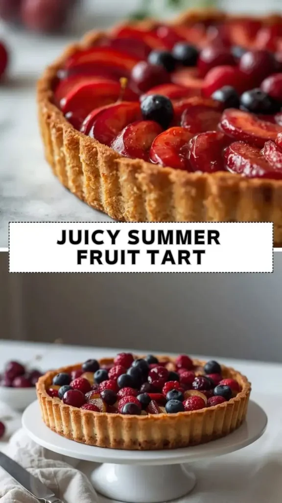 Juicy Summer Fruit Tart with Fresh Berries and Cherries Juicy summer fruit tart topped with fresh berries, cherries, grapes, and a golden pastry crust