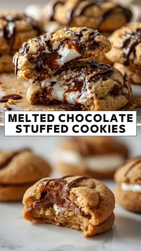 Melted chocolate stuffed cookies with gooey marshmallow filling and rich chocolate drizzle