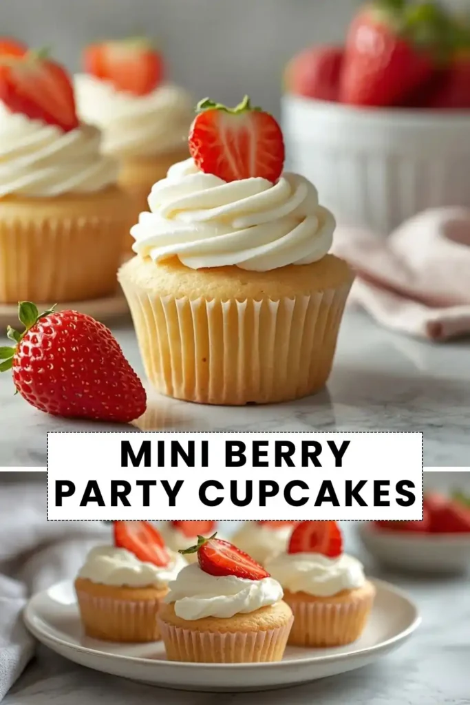 Mini berry party cupcakes topped with vanilla frosting and fresh strawberries