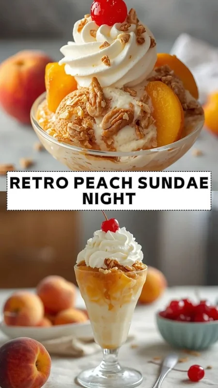 Retro peach sundae topped with whipped cream, cherries, pecans, and fresh peach slices in a glass dessert cup