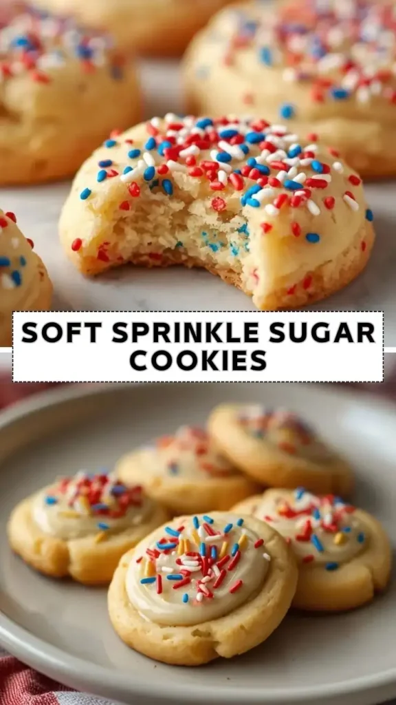 Easy Soft Sprinkle Sugar Cookies Recipe Soft sprinkle sugar cookies topped with colorful frosting and red white blue sprinkles