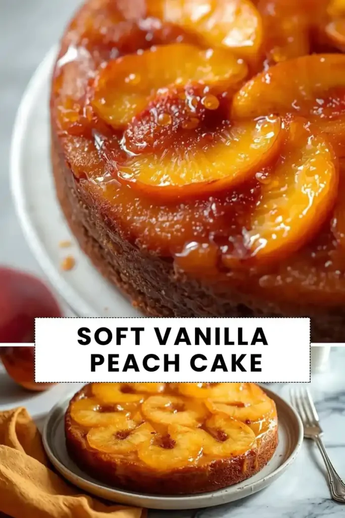 Soft vanilla peach cake topped with caramelized peach slices and glossy glaze