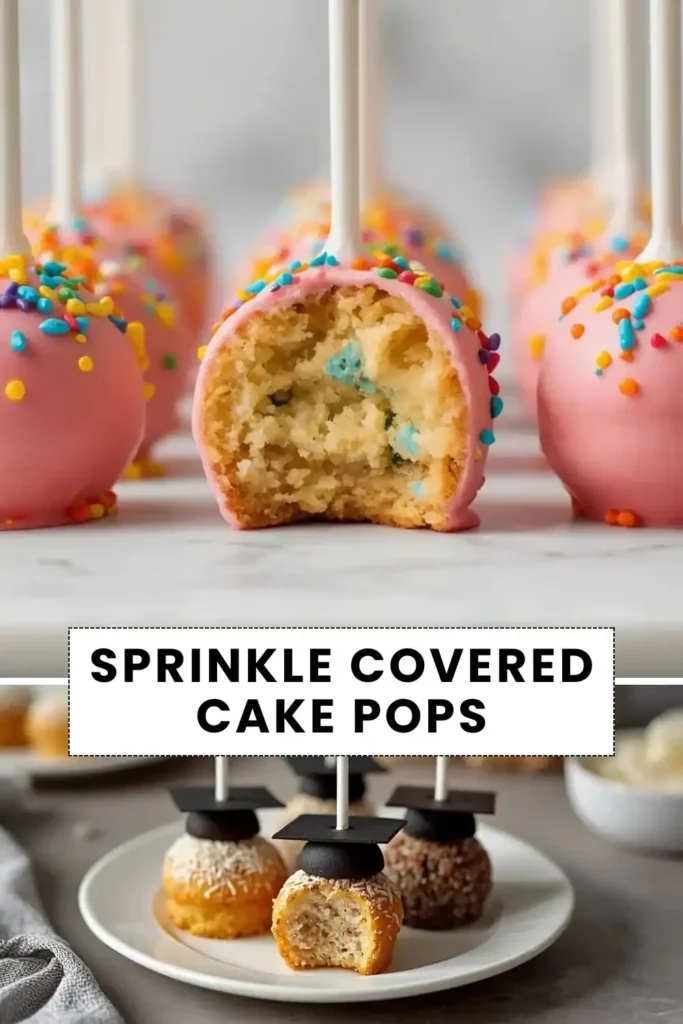 Sprinkle covered cake pops with colorful candy sprinkles and smooth pink chocolate coating
