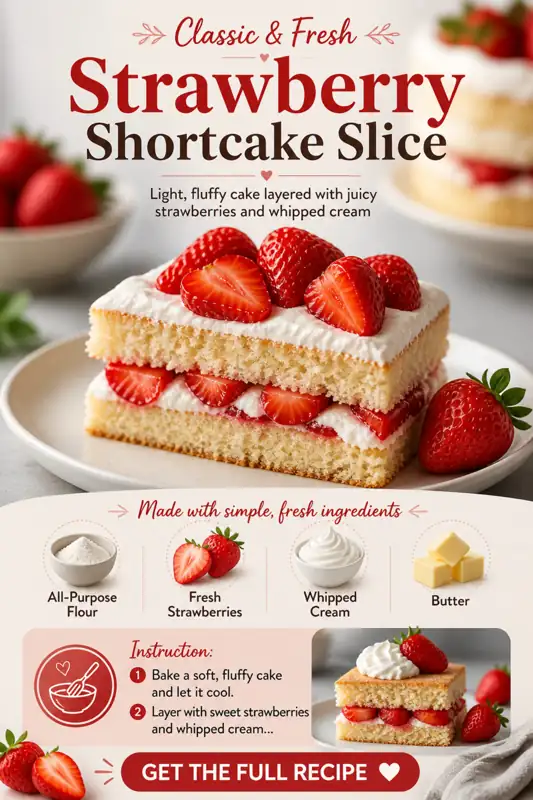 strawberry shortcake slice with fresh strawberries and whipped cream layers
