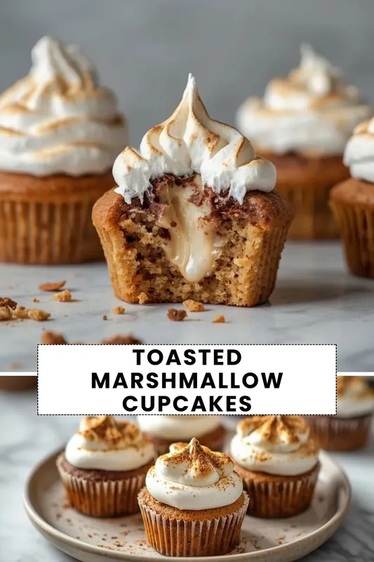 Toasted Marshmallow Cupcakes – Easy Creamy Filled Cupcake Recipe Toasted marshmallow cupcakes with creamy filling and golden toasted frosting topping