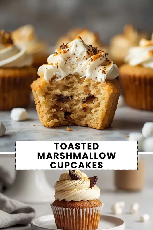 Toasted marshmallow cupcakes with creamy frosting and chocolate chip filling

