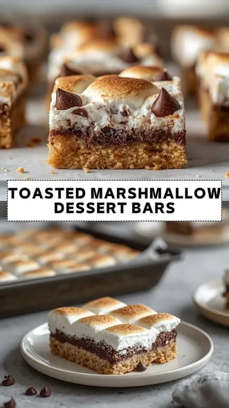 Toasted marshmallow dessert bars layered with chocolate filling, graham crust, and golden toasted marshmallows